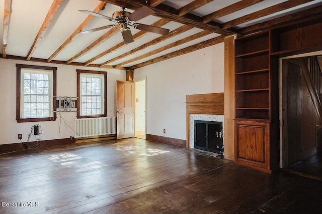 unfurnished living room featuring hardwood / wood-style flooring, radiator, ceiling fan, and lofted ceiling with beams