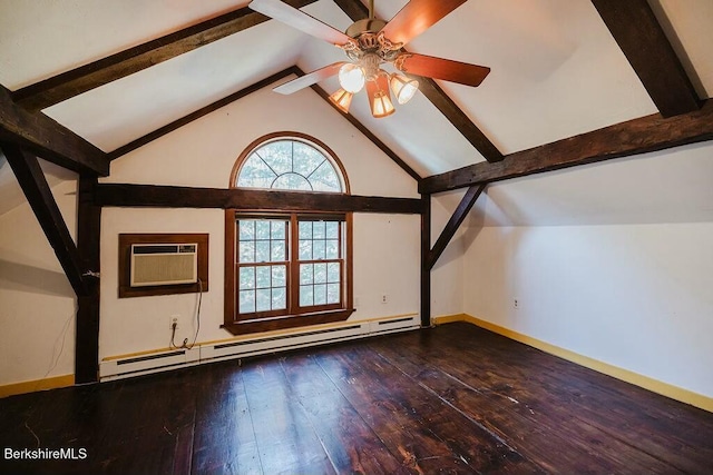 additional living space with an AC wall unit, wood-type flooring, vaulted ceiling with beams, ceiling fan, and baseboard heating