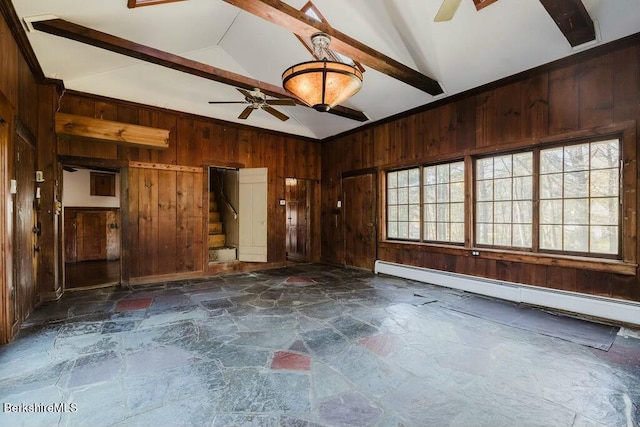 unfurnished room with lofted ceiling with beams, ceiling fan, wooden walls, and baseboard heating