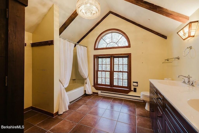 full bathroom with tile patterned floors, lofted ceiling with beams, a baseboard radiator, vanity, and shower / bath combo