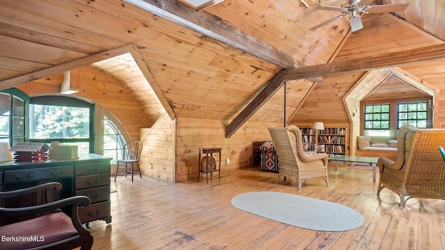 living area with lofted ceiling with beams, light wood-type flooring, wooden ceiling, and wooden walls