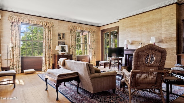 living area featuring hardwood / wood-style flooring and crown molding