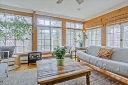 sunroom / solarium featuring ornamental molding and a healthy amount of sunlight