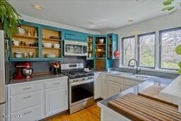 kitchen featuring a sink, light wood-style flooring, stainless steel appliances, and white cabinetry