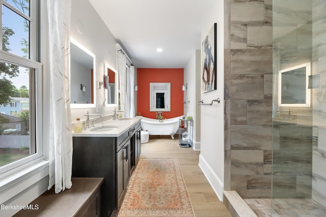 bathroom featuring a sink, a freestanding tub, wood finished floors, and a shower stall