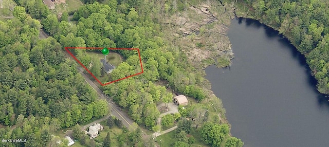 732 Main St, Becket, MA 01223 - aerial overview of property's location featuring a nearby body of water, property boundaries highlighted, and a forest