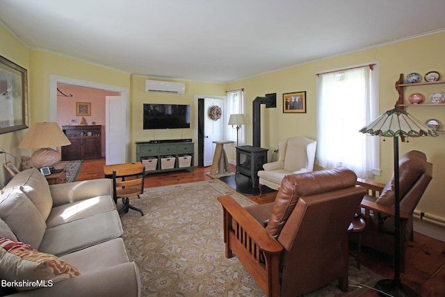 196 Huntington Rd, Worthington, MA 01098 - living area with a wood stove, wood finished floors, a wall unit AC, and crown molding