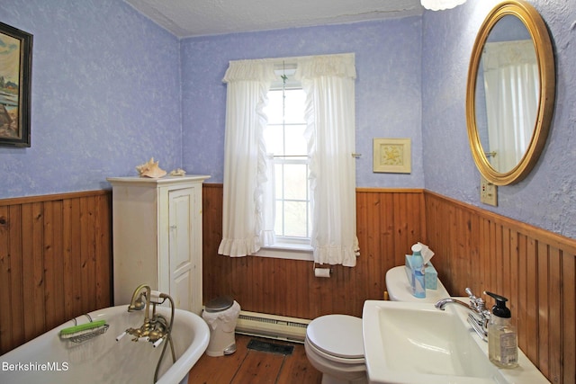 196 Huntington Rd, Worthington, MA 01098 - full bath with wainscoting, a soaking tub, plenty of natural light, wood finished floors, and baseboard heating