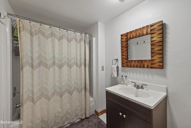203 Main St, Hancock, MA 01237 - bathroom featuring shower / bath combo with shower curtain, vanity, and tile patterned flooring