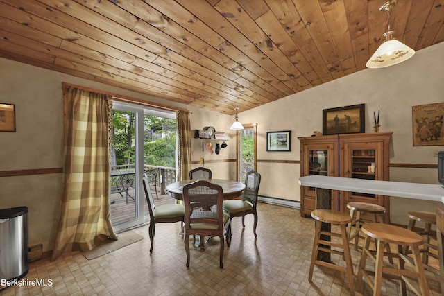 203 Main St, Hancock, MA 01237 - dining room with wooden ceiling, a baseboard heating unit, tile patterned floors, lofted ceiling, and a wainscoted wall
