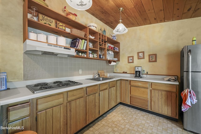 203 Main St, Hancock, MA 01237 - kitchen featuring stainless steel appliances, under cabinet range hood, a sink, wood ceiling, and light countertops