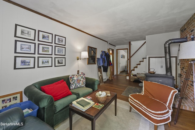 203 Main St, Hancock, MA 01237 - living room featuring wood finished floors, stairs, and ornamental molding