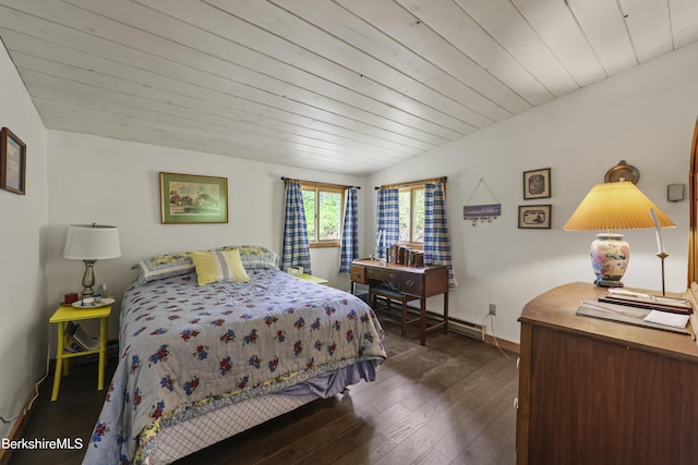203 Main St, Hancock, MA 01237 - bedroom featuring baseboards, dark wood-style flooring, baseboard heating, and wooden ceiling
