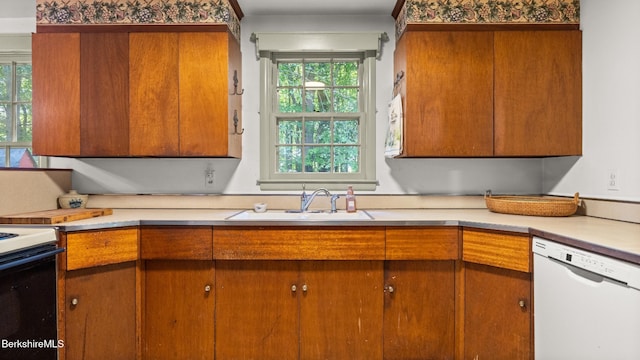147 Hurlburt Rd, Great Barrington, MA 01230 - kitchen featuring white dishwasher, a sink, light countertops, and brown cabinetry