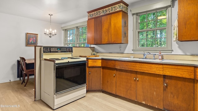147 Hurlburt Rd, Great Barrington, MA 01230 - kitchen with electric range oven, a sink, brown cabinetry, and light wood finished floors