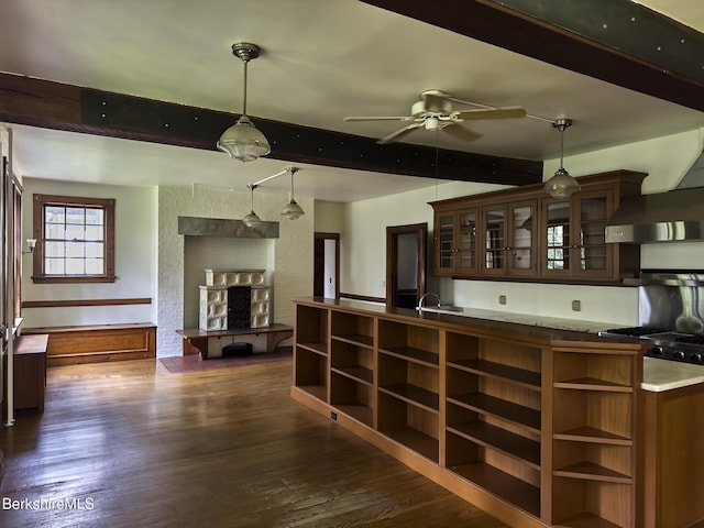 319 Under Mountain Rd, Lenox, MA 01240 - kitchen featuring beamed ceiling, open shelves, a ceiling fan, pendant lighting, and dark wood finished floors