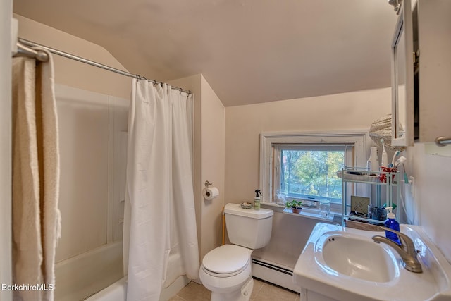 full bathroom with shower / tub combo, tile patterned floors, a baseboard radiator, toilet, and lofted ceiling