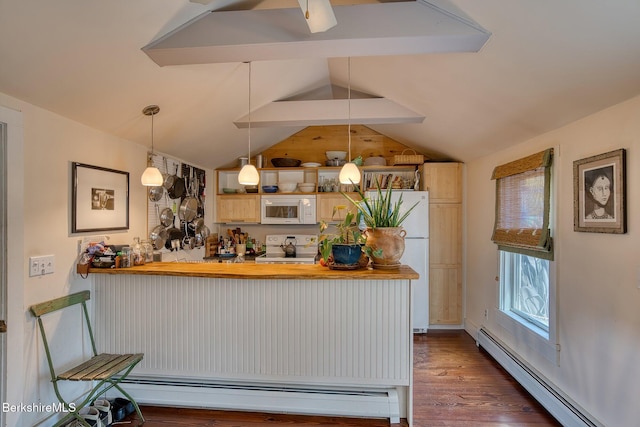 kitchen with decorative light fixtures, white appliances, a baseboard radiator, and vaulted ceiling with beams