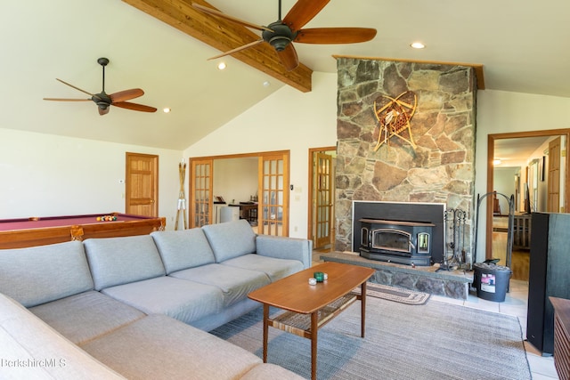 147 Brough Rd, Cheshire, MA 01225 - living area featuring beamed ceiling, pool table, ceiling fan, and french doors