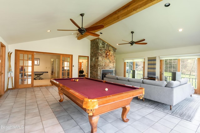 147 Brough Rd, Cheshire, MA 01225 - rec room featuring billiards, a stone fireplace, a ceiling fan, and beam ceiling