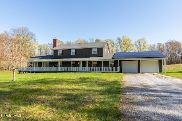 147 Brough Rd, Cheshire, MA 01225 - farmhouse featuring a porch, a chimney, a garage, roof mounted solar panels, and a front lawn