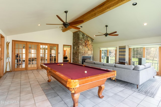 147 Brough Rd, Cheshire, MA 01225 - recreation room featuring ceiling fan, billiards, french doors, and beam ceiling