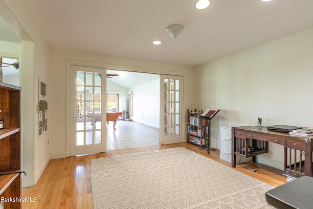 147 Brough Rd, Cheshire, MA 01225 - hall with french doors, vaulted ceiling, baseboards, light wood finished floors, and recessed lighting