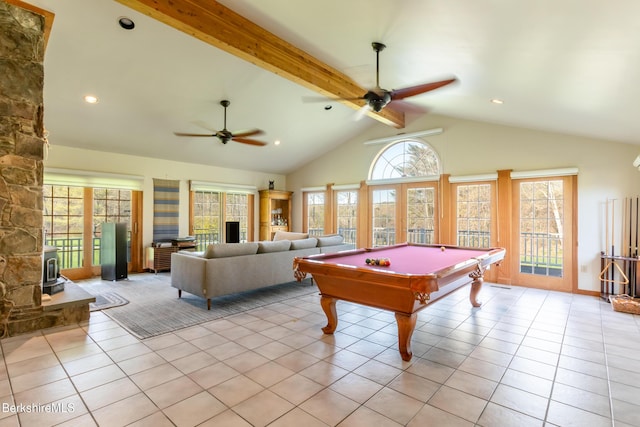 147 Brough Rd, Cheshire, MA 01225 - rec room with a ceiling fan, lofted ceiling with beams, and light tile patterned flooring
