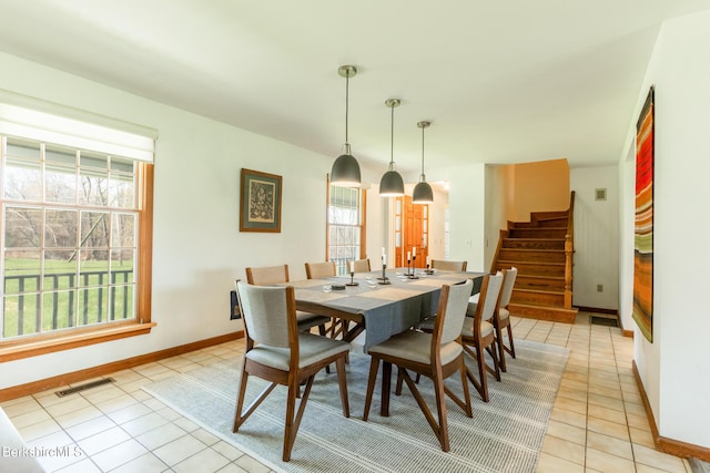 147 Brough Rd, Cheshire, MA 01225 - dining area featuring stairs, baseboards, visible vents, and light tile patterned floors
