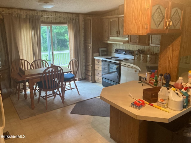 kitchen featuring electric stove, light floors, light countertops, white dishwasher, and under cabinet range hood