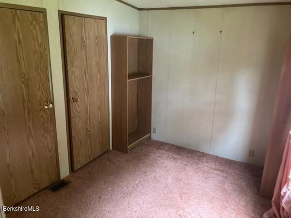 unfurnished bedroom featuring carpet, visible vents, and multiple closets