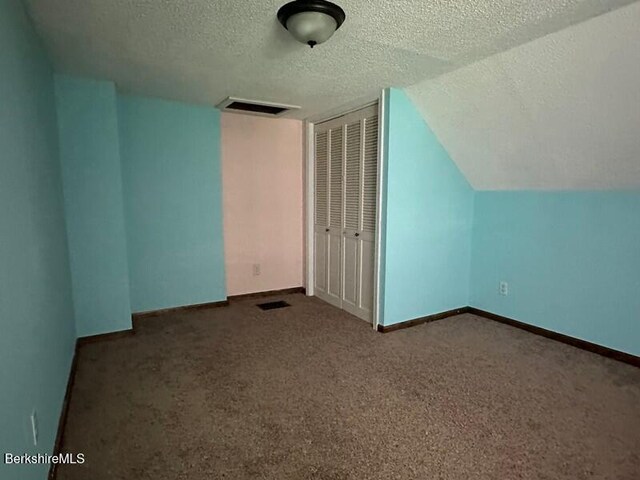 9 Woronoco Rd, Blandford, MA 01008 - bonus room featuring a textured ceiling, carpet flooring, and lofted ceiling
