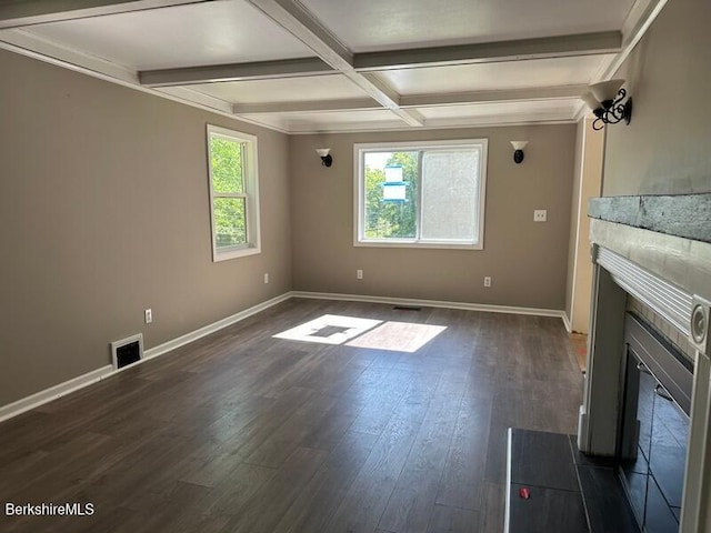 9 Woronoco Rd, Blandford, MA 01008 - unfurnished living room featuring a glass covered fireplace, beam ceiling, coffered ceiling, and dark wood-type flooring