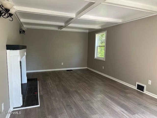 9 Woronoco Rd, Blandford, MA 01008 - unfurnished living room featuring coffered ceiling, dark wood-style flooring, beam ceiling, and a fireplace