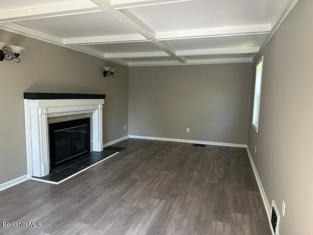 9 Woronoco Rd, Blandford, MA 01008 - unfurnished living room featuring coffered ceiling, wood finished floors, beamed ceiling, and a glass covered fireplace