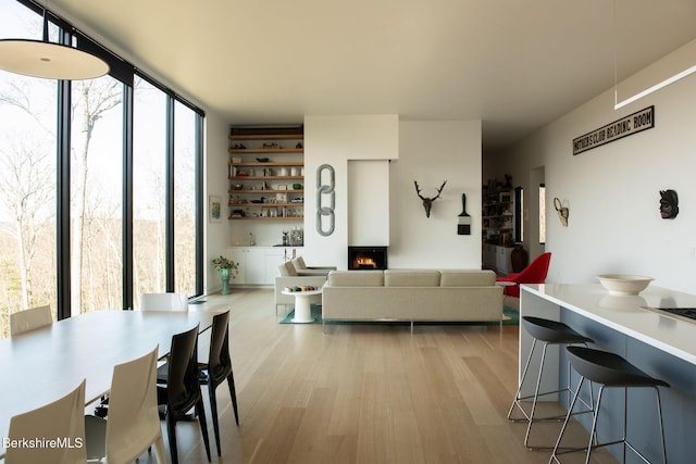 living area featuring a warm lit fireplace, a wall of windows, and light wood-type flooring