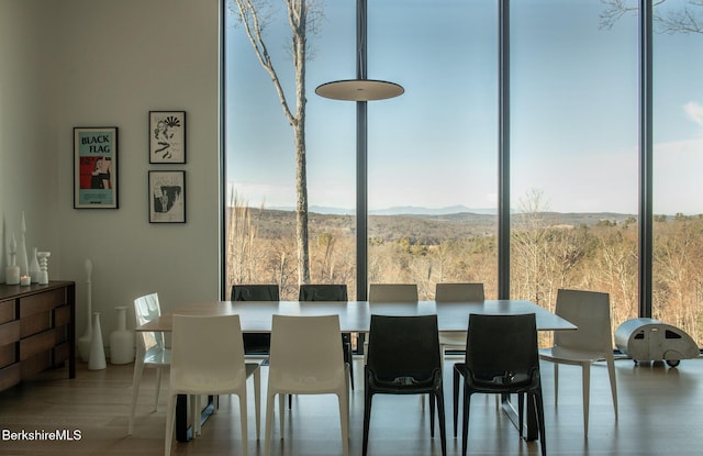 dining space with expansive windows, a mountain view, and wood finished floors