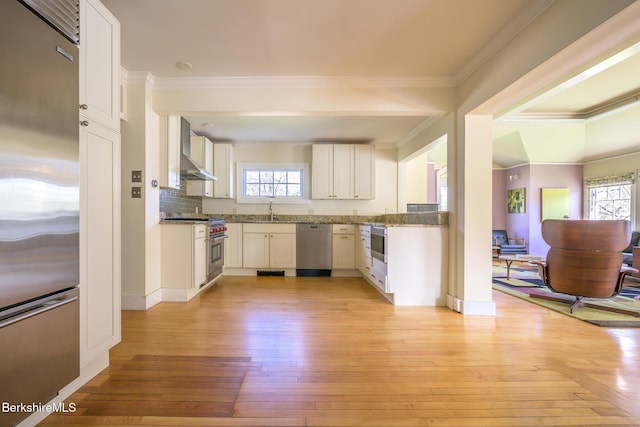 kitchen with crown molding, premium appliances, light wood-type flooring, and a wealth of natural light