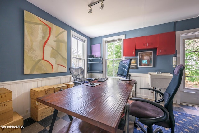 office space featuring track lighting, a wainscoted wall, and a wealth of natural light