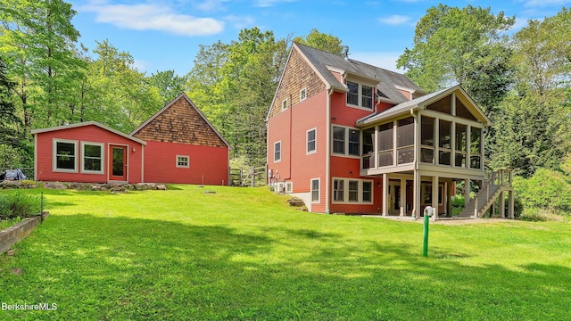 11 Jamie Ln, Sandisfield, MA 01255 - rear view of property with a sunroom, a yard, and stairway