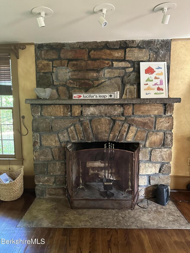 details with a fireplace and hardwood / wood-style floors