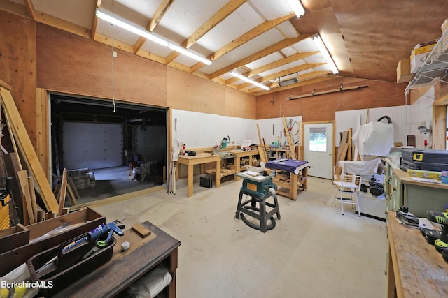 289 Algerie Rd, Becket, MA 01223 - miscellaneous room with a workshop area, lofted ceiling, and concrete floors