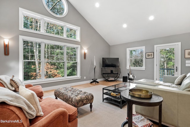 2017 Monterey Rd, Otis, MA 01253 - living room featuring high vaulted ceiling, recessed lighting, and wood finished floors