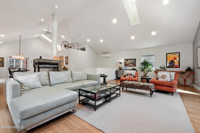 2017 Monterey Rd, Otis, MA 01253 - living room featuring a ceiling fan, wood finished floors, healthy amount of natural light, high vaulted ceiling, and recessed lighting