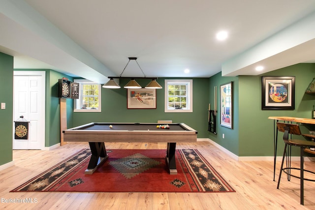 playroom featuring pool table, wood-type flooring, and baseboards