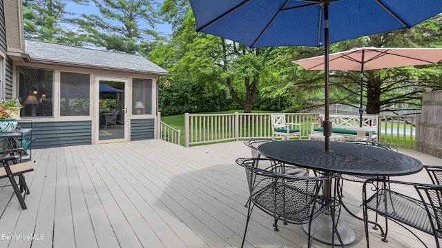 51 New Lenox Rd, Lenox, MA 01240 - wooden deck featuring outdoor dining area and a sunroom