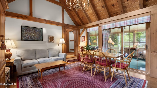51 New Lenox Rd, Lenox, MA 01240 - dining area with a chandelier, a wooden ceiling with exposed beams, high vaulted ceiling, and wood finished floors