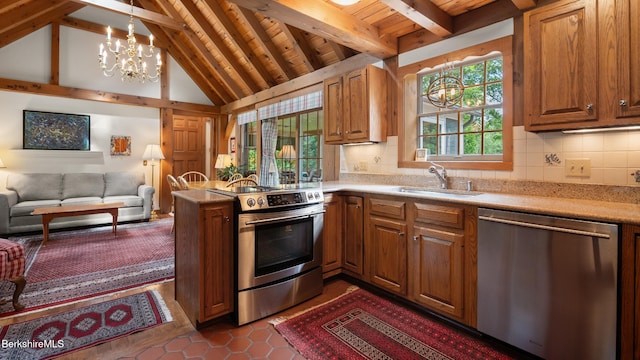 51 New Lenox Rd, Lenox, MA 01240 - kitchen featuring stainless steel appliances, wood ceiling, a chandelier, light countertops, and a peninsula