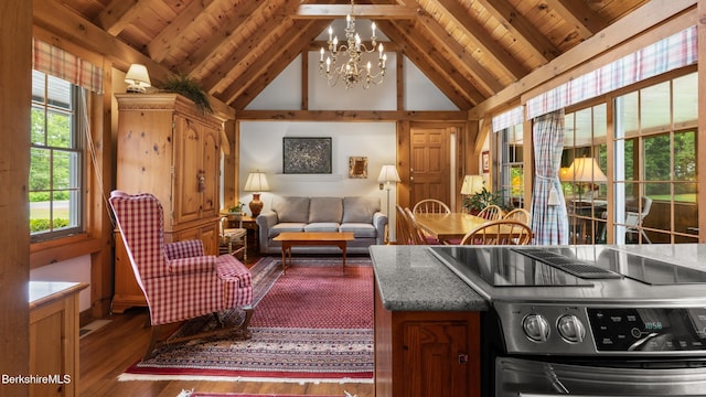 51 New Lenox Rd, Lenox, MA 01240 - kitchen with a chandelier, electric range, wood finished floors, a wooden ceiling with exposed beams, and open floor plan