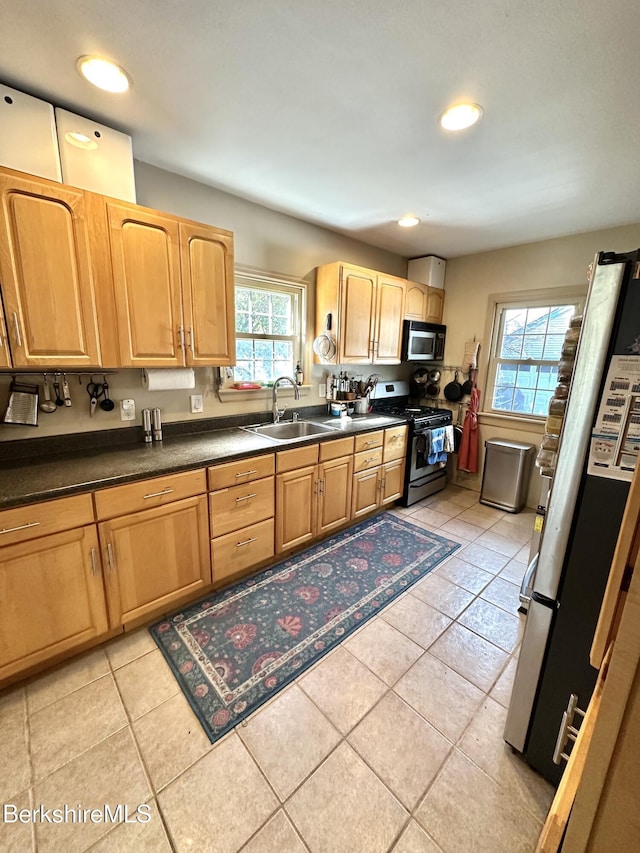 kitchen with light brown cabinetry, appliances with stainless steel finishes, a sink, and a healthy amount of sunlight